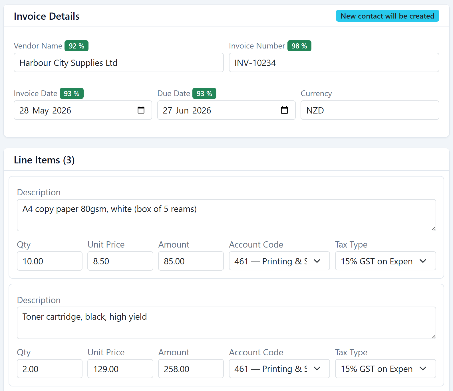BillRelay dashboard showing invoices captured, extracted, and queued for review before being pushed into Xero