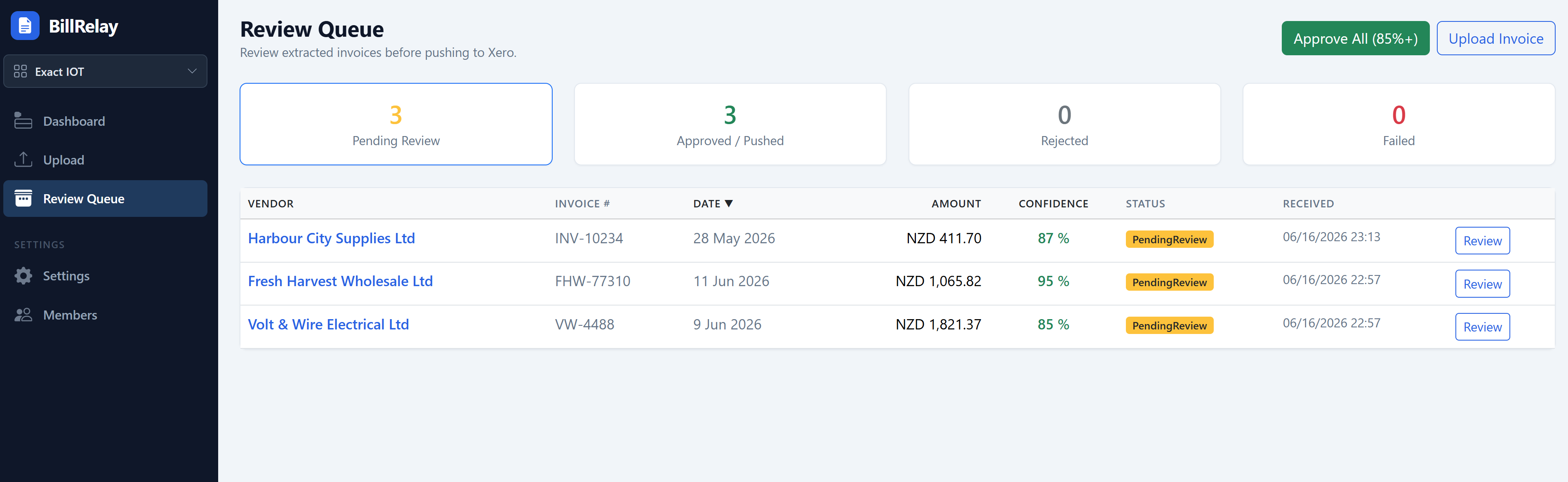 BillRelay review queue listing extracted invoices ready to approve