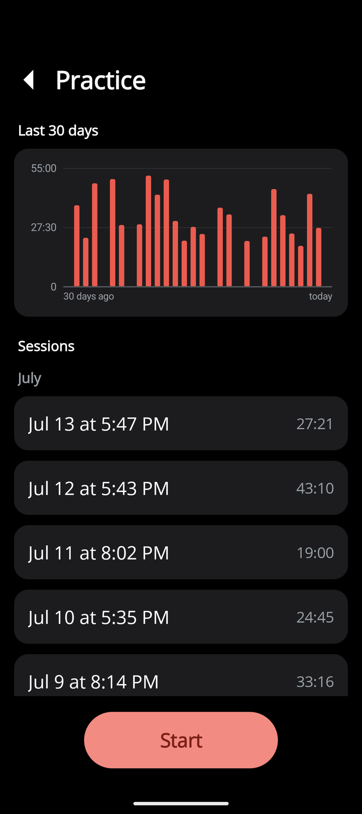 Everlap activity page with a 30-day duration bar chart and the activity's session list