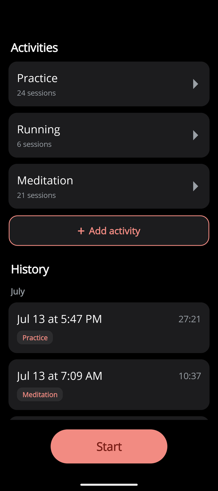 Everlap home screen with activities, session history and a coral Start button on a dark theme