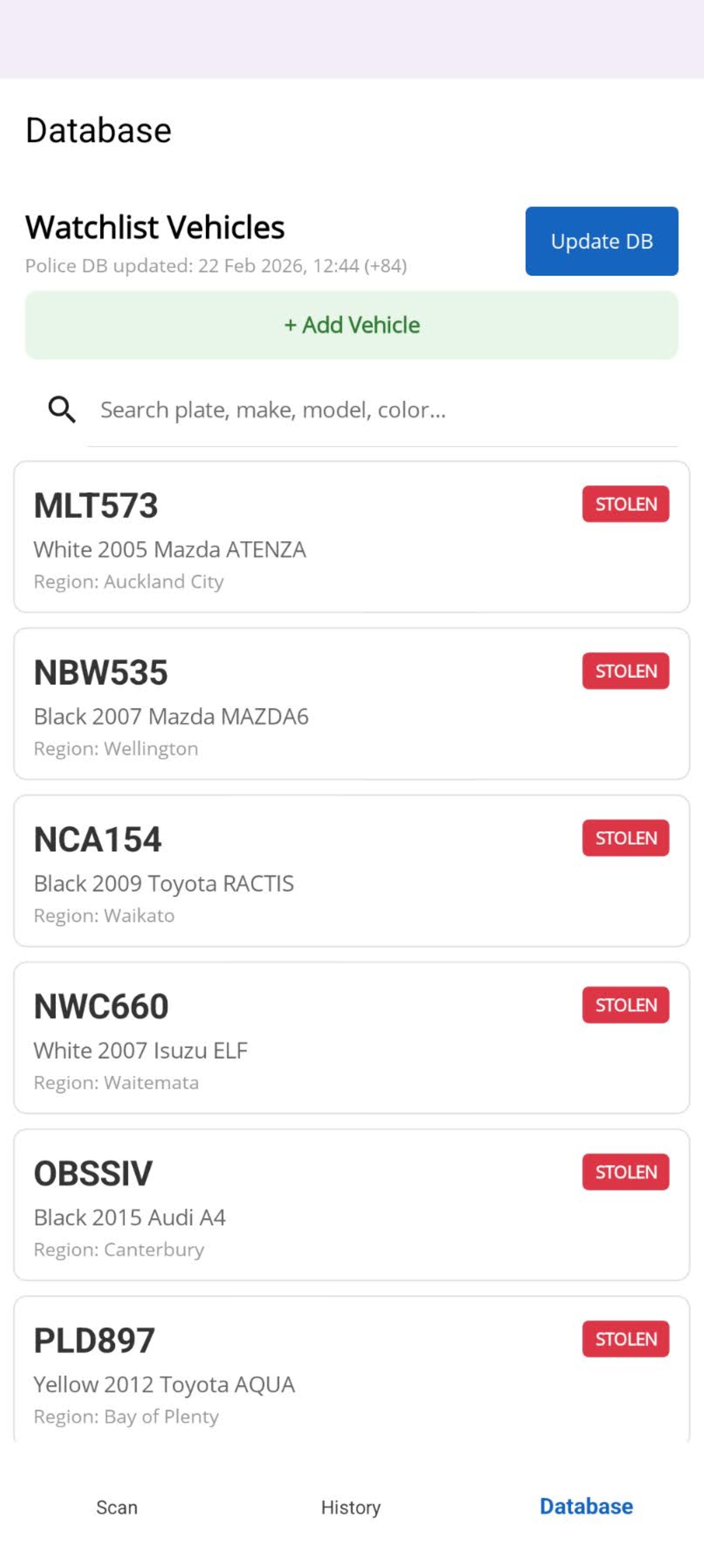 PlatePatrol database screen showing synced NZ Police stolen vehicle data with search
