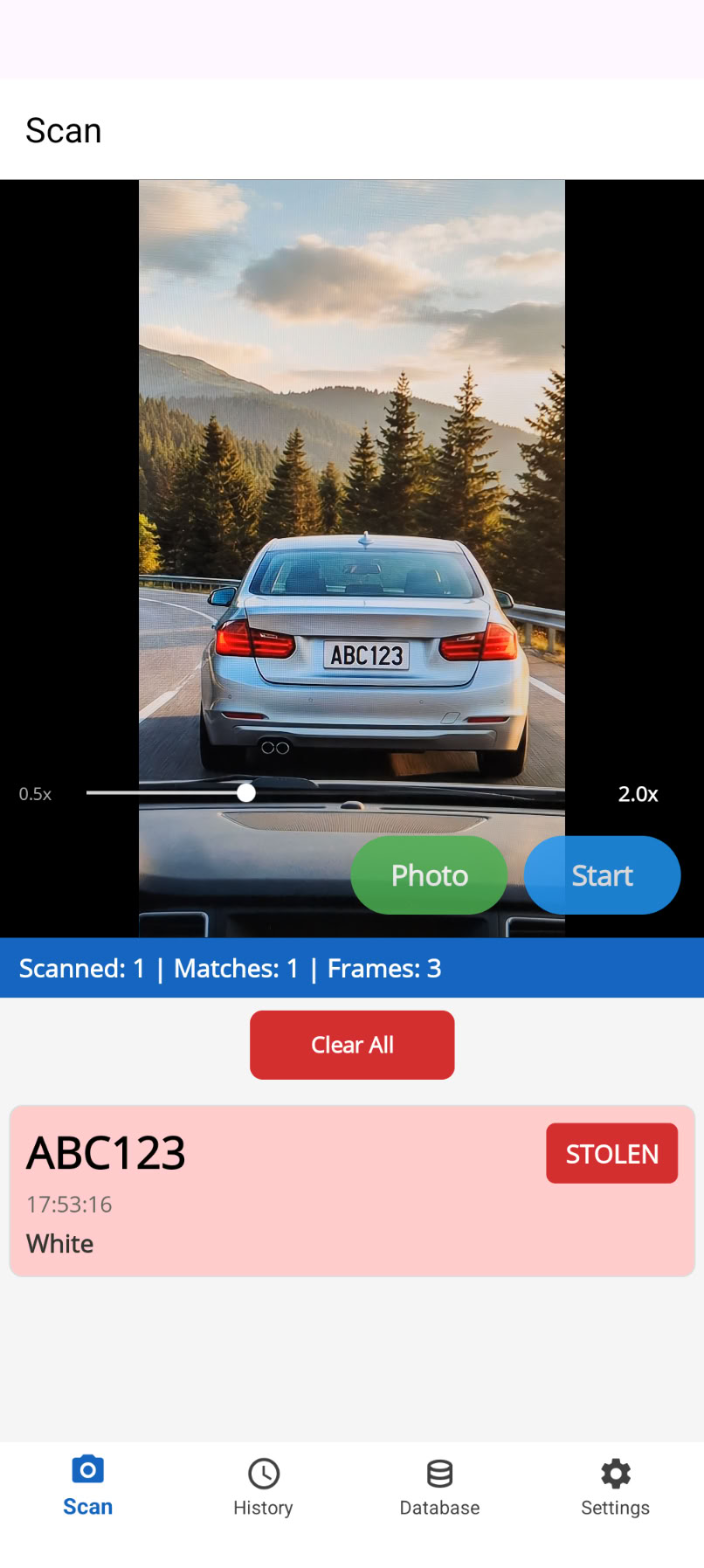 PlatePatrol scan screen showing a matched plate with WATCH badge and live camera feed