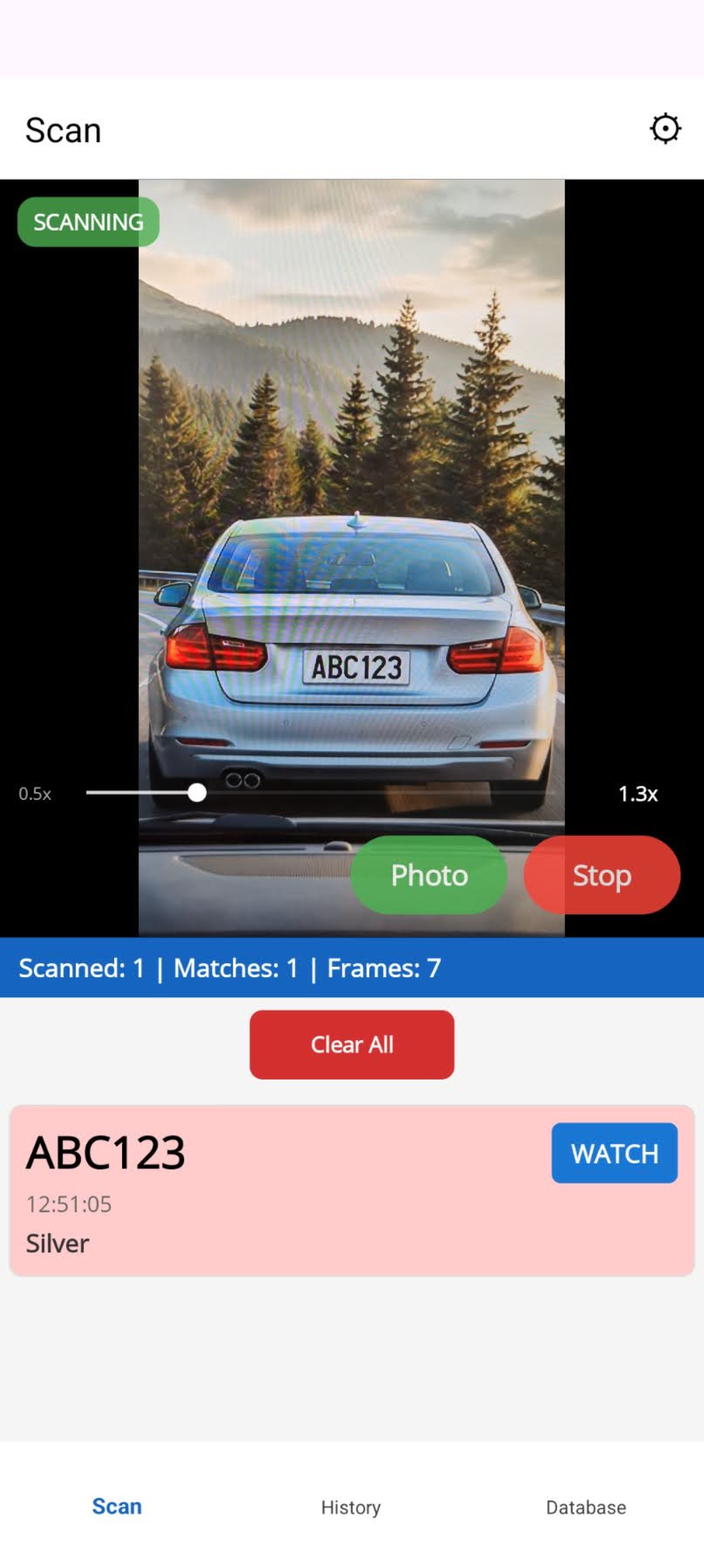 PlatePatrol scan screen showing a matched plate with WATCH badge and live camera feed