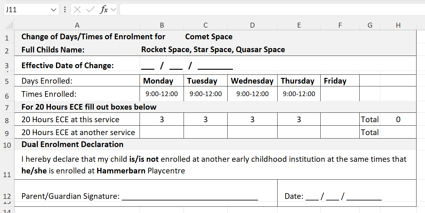 Change of days report for member signature each term