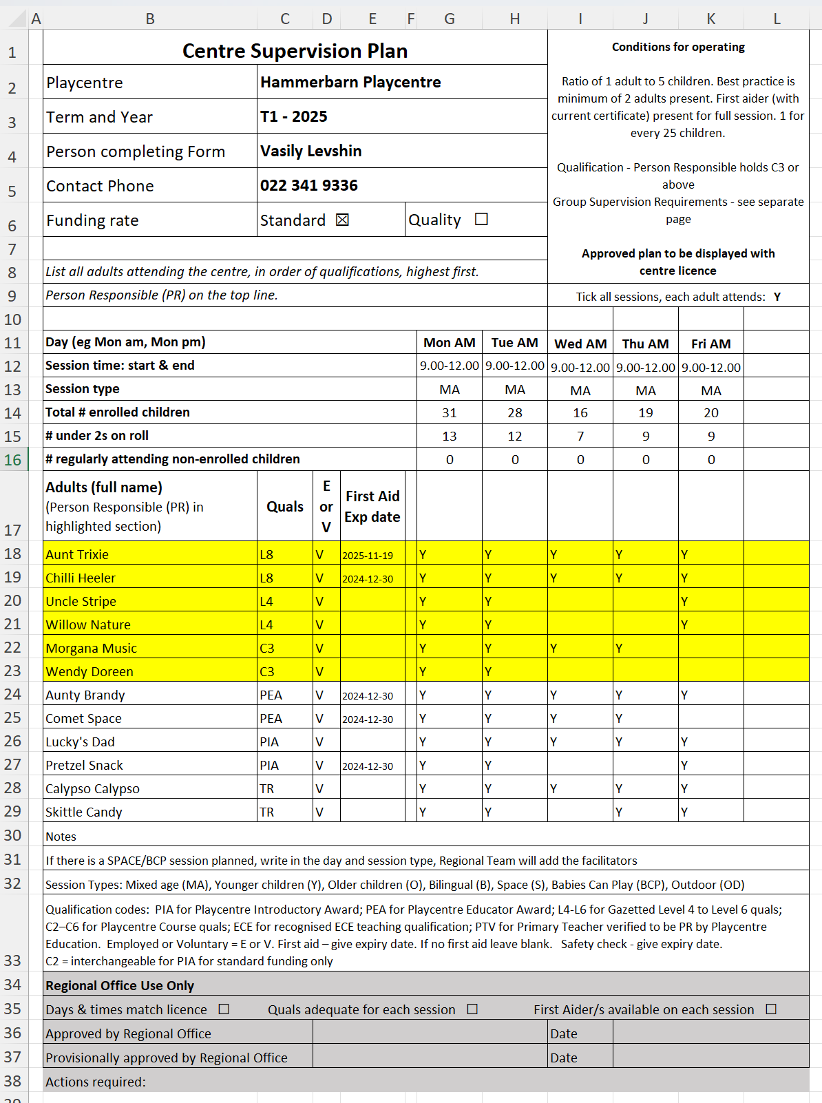 Generated Excel daybook report with playcentre branding and formatted output