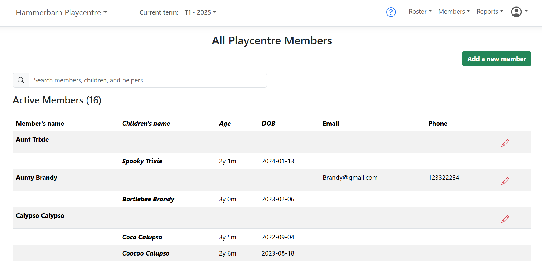 Member management screen showing qualifications, first aid status, and availability